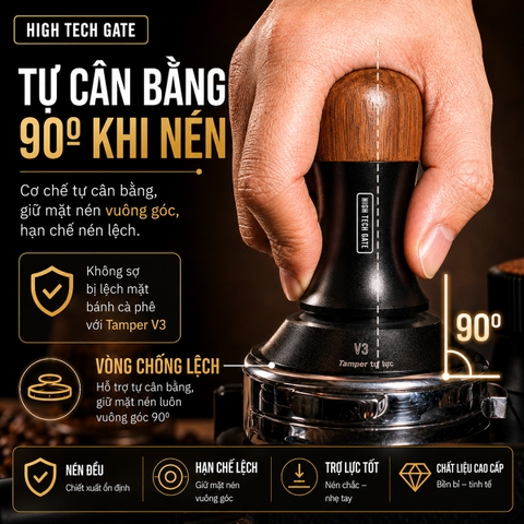 Tamper Trợ Lực Lò Xo V3 58mm | Tự Cân Bằng 90° | Tùy Chỉnh Lực Nén Cà Phê | Mặt Đế Inox 304 CNC