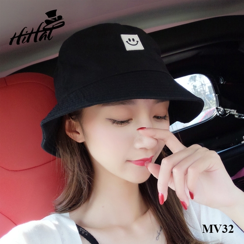 Mũ tai bèo cute - Mũ bucket mặt cười màu đen - MV32d