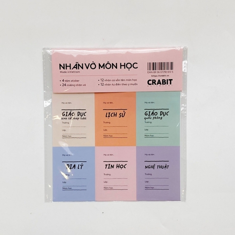 Nhãn vở in sẵn tên môn học Crabit 24 nhãn dán 12 môn - Tag Hồng