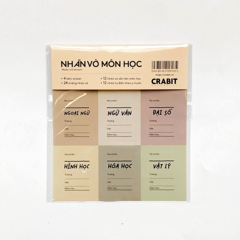 Nhãn vở in sẵn tên môn học Crabit 24 nhãn dán 12 môn - Tag Vàng
