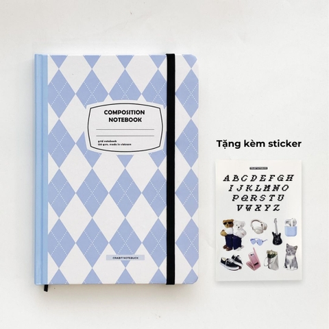 Sổ tay A5 grid 130gsm Composition Gingham (Tặng kèm sticker) - Quả trám xanh biển