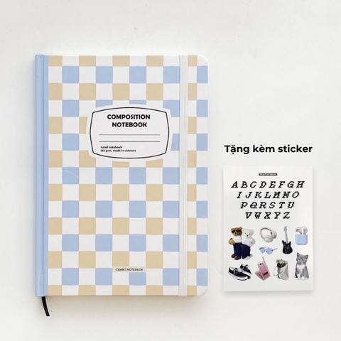 Sổ tay A5 kẻ ngang 130gsm Composition Gingham (Tặng kèm sticker) - Caro xanh be
