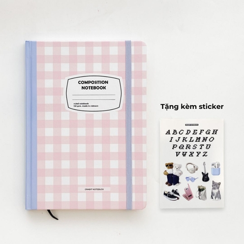 Sổ tay A5 kẻ ngang 130gsm Composition Gingham (Tặng kèm sticker) - Caro hồng