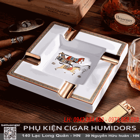 Gạt Tàn Cigar 4 Điếu Cao Cấp AS-4 – Gốm Sứ Hình Tứ Mã, Thiết Kế Sang Trọng, Có Hộp Quà
