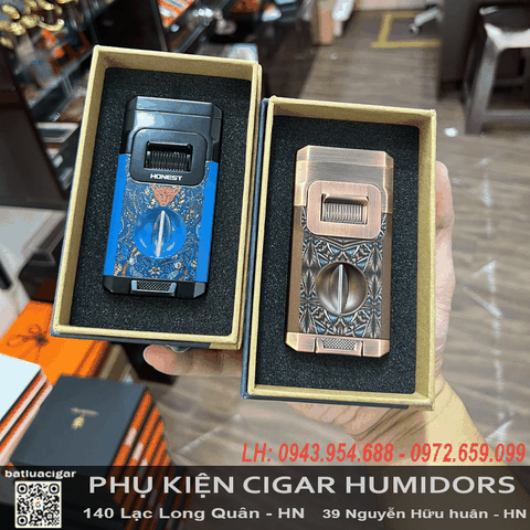 Bật lửa khò 2 tia Honest BCZ813-2 chính hãng – Tích hợp V-cut, gác điếu, khe nhìn gas, kim loại cao cấp