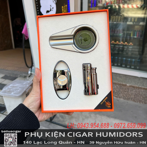 Bộ set phụ kiện cigar Golden Fire GF359/J398/044 – Bật lửa khò 2 tia, cắt cigar sắc bén & gạt tàn kim loại 1 điếu – Chính hãng, bền bỉ, nhỏ gọn