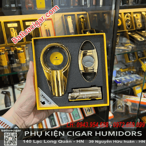 Bộ phụ kiện cigar cao cấp HB359/389/044 – Bật lửa khò 2 tia, cắt cigar kim loại, gạt tàn sứ sang trọng – Quà tặng tinh tế cho người yêu cigar