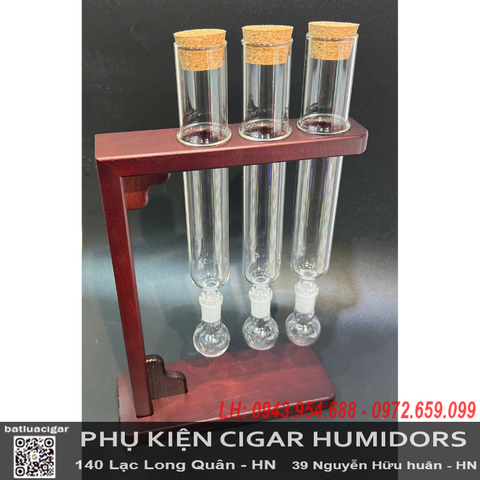 Ống thủy Tinh Ủ Cigar Kèm Đế Gỗ Cao Cấp Combo 3 | Ống Đựng Xì Gà Mini - OTT3