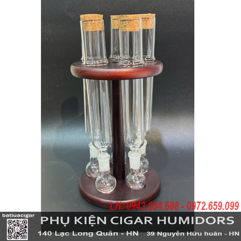 Ống Thủy Tinh Ủ Cigar Kèm Đế Gỗ Tròn Cao Cấp Combo 5  | Bộ Ủ Xì Gà Sang Trọng - OTT5T