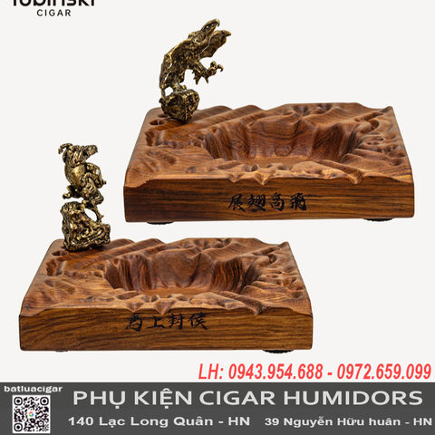 Gạt Tàn Cigar Lubinski YJA-20055 Tượng Đồng Sáng Tạo 3 Rãnh – Đồng Thau & Gỗ Đàn Hương Cao Cấp