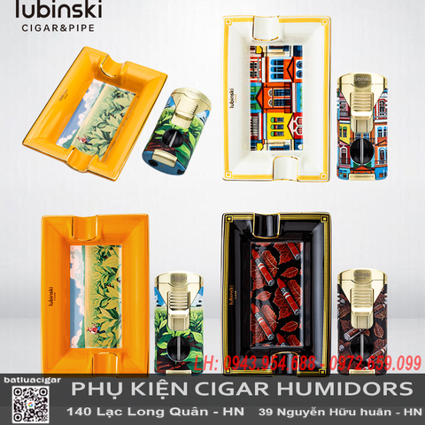 Bộ phụ kiện cigar Lubinski YJA-80034 – Bật lửa khò 2 tia và gạt tàn cao cấp, hợp kim kẽm + sứ sang trọng