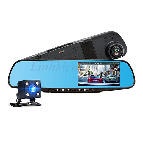 Camera lùi 4.3 inch tích hợp camera hành trình kiểu gương chiếu hậu độ phân giải 1080p viền đen điện áp vào 12V-24V