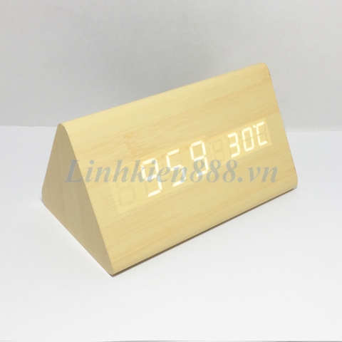 Đồng hồ để bàn có báo nhiệt độ màu gỗ LED trắng hình tam giác