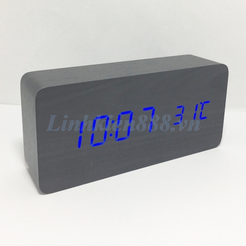 Đồng hồ để bàn có báo nhiệt độ màu gỗ tối LED xanh lam hình hộp chữ nhật