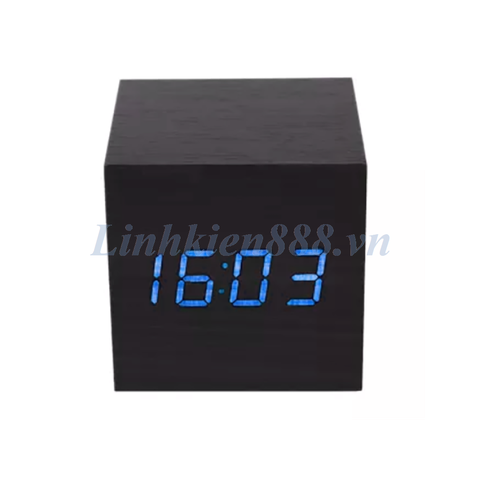 Đồng hồ để bàn màu gỗ đen LED xanh lam hình hộp vuông