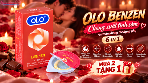 Bao Cao Su OLO Benzen 6 In 1 Gân Gai Nhỏ Size 49mm, Chống Xuất Tinh Sớm Hộp 8 Chiếc