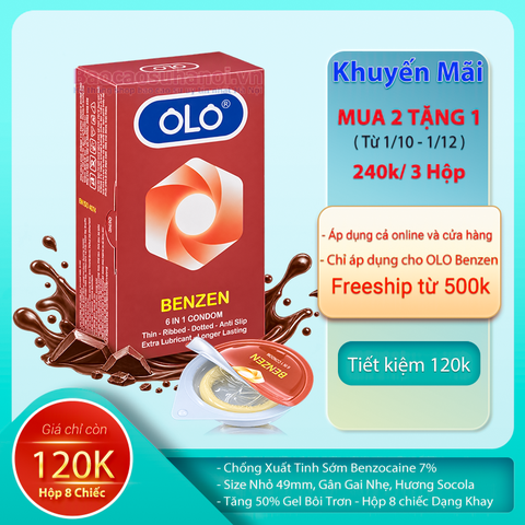 Bao Cao Su OLO Benzen 6 In 1 Gân Gai Nhỏ Size 49mm, Chống Xuất Tinh Sớm Hộp 8 Chiếc