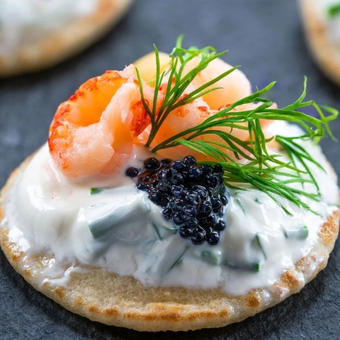 bánh xếp blinis ăn trứng cá tầm. bánh xếp pancake ăn trứng cá caviar, bánh xếp ăn trứng cá caviar. bánh xếp ăn cùng caviar