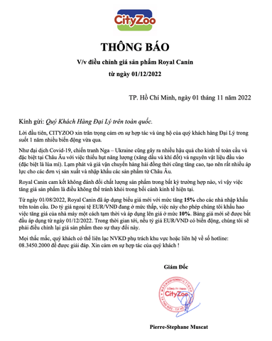 Thông báo tăng giá Royal Canin