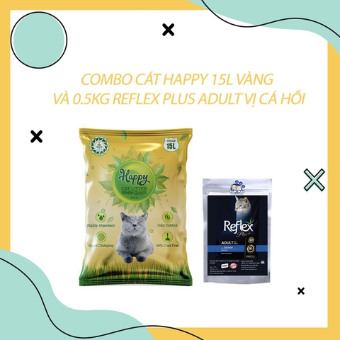 Combo cát Happy 15L vàng và thức ăn Reflex Plus Adult vị cá hồi