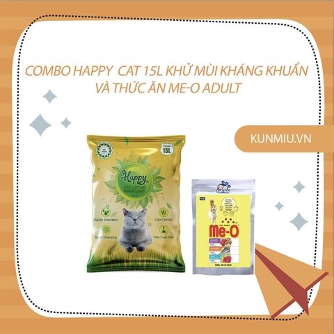 Combo cát vệ sinh Happy Cat 15L siêu khử mùi và kháng khuẩn (Vàng) và thức ăn Me-o chia