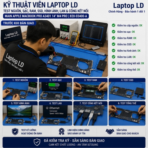 Test main Apple MacBook Pro A3112 14 inch M4 RAM 16GB SSD 512GB trước khi giao khách