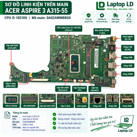 Tổng thể mainboard Acer Aspire 3 A315-55 mã DA0ZAWMB8G0