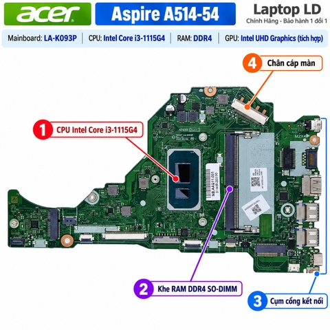 Tổng thể mainboard Acer Aspire A514-54 mã LA-K093P