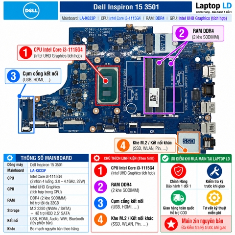 Tổng thể mainboard Dell Inspiron 15 3501 mã LA-K033P