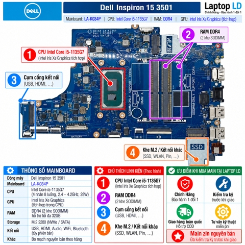 Tổng thể mainboard Dell Inspiron 15 3501 mã LA-K034P