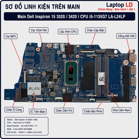 Tổng thể mainboard Dell Inspiron 15 3520 3420 mã LA-L24LP