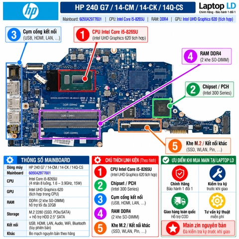 Tổng thể mainboard HP 240 G7 14-CM 14-CK 14Q-CS mã 6050A2977601