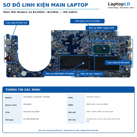 Tổng thể mainboard MSI Modern 14 B11MOU B11MOL mã MS-14D31