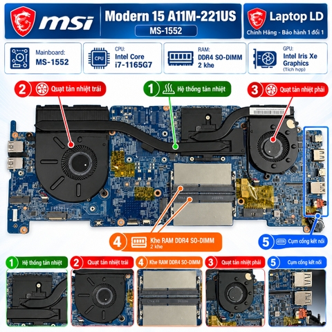 Tổng thể mainboard MSI Modern 15 A11M-221US MS-1552