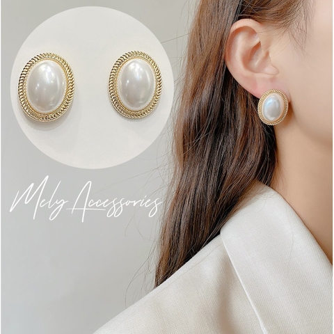 Bông tai ngọc trai hình oval sang trọng cổ điển N34