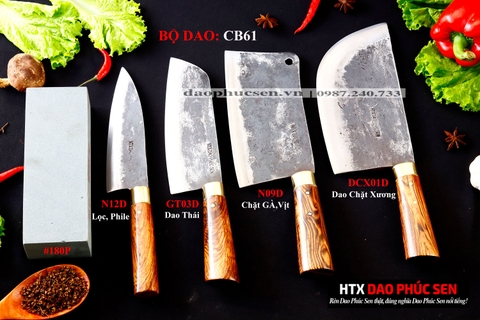 BỘ DAO BẾP CB61 cán cẩm khâu đồng + ĐÁ MÀI