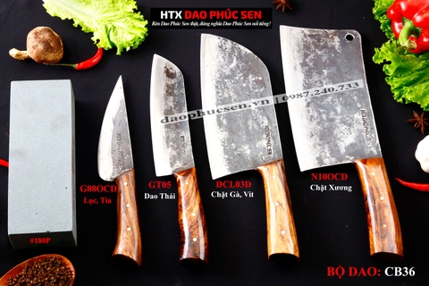 COMBO BỘ DAO BẾP CB36 cán ốp cẩm + ĐÁ MÀI