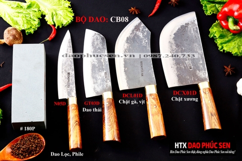 BỘ DAO BẾP CB08 khâu đồng cán cẩm + ĐÁ MÀI