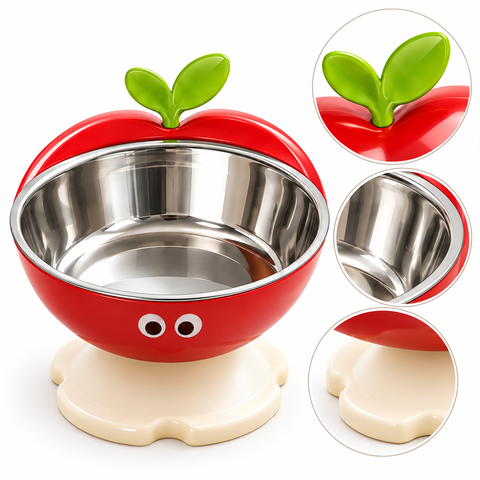 Bát ăn chân cao cho chó mèo hình quả táo – Lòng inox tháo rời