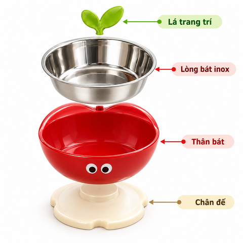 Bát ăn chân cao cho chó mèo hình quả táo – Lòng inox tháo rời