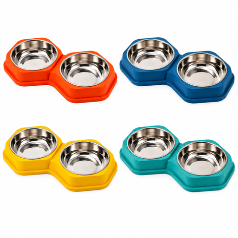 Bát ăn đôi cho chó mèo hình lục giác – Lòng inox tháo rời