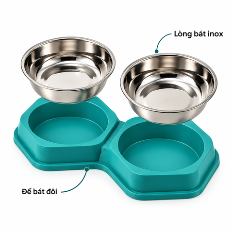 Bát ăn đôi cho chó mèo hình lục giác – Lòng inox tháo rời