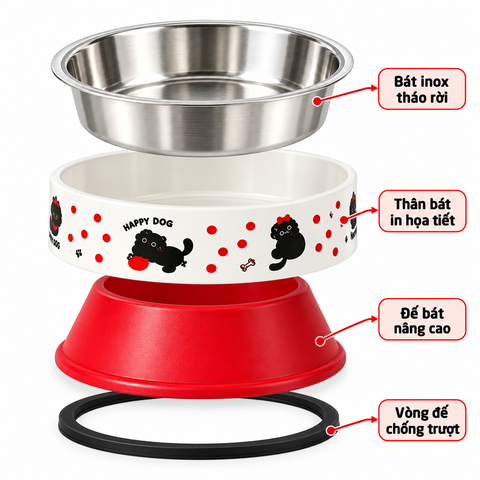 Bát ăn chân cao in họa tiết, có đế chống trượt (lòng inox)