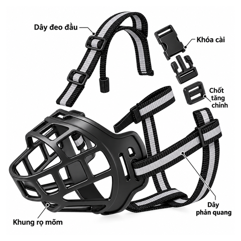 Rọ mõm nhựa mềm cho chó, dây phản quang