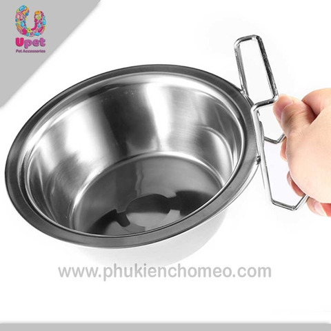 SP126 - Bát inox treo chuồng có giá đỡ