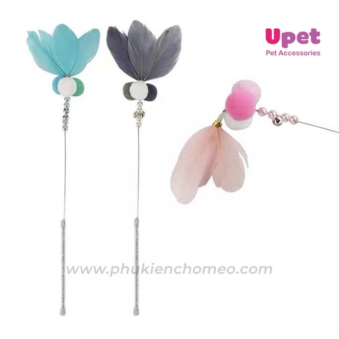 Cần câu mèo lông chim , bông ,ngọc trai kèm chuông 40cm