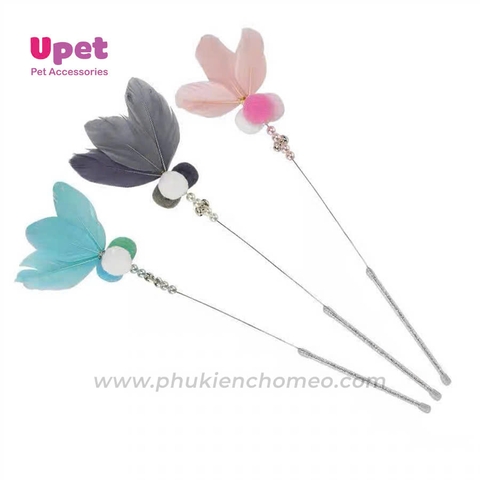 Cần câu mèo lông chim , bông ,ngọc trai kèm chuông 40cm
