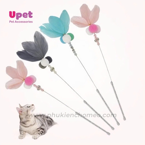 Cần câu mèo lông chim , bông ,ngọc trai kèm chuông 40cm