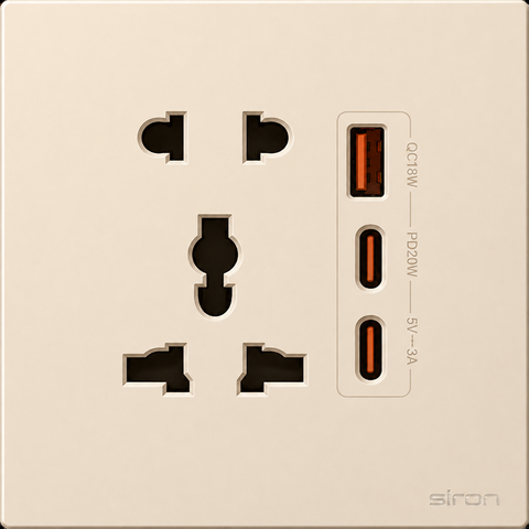 Bộ ổ cắm đơn đa năng + 2 chấu + usb type a+c Màu sâm panh SIRON 27H7851-46
