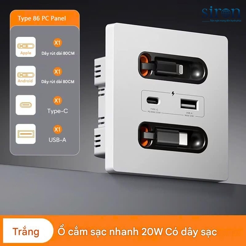 Ổ cắm sạc USB Type A+C và Sạc dây Type C + Lightning Siron R70 70H452